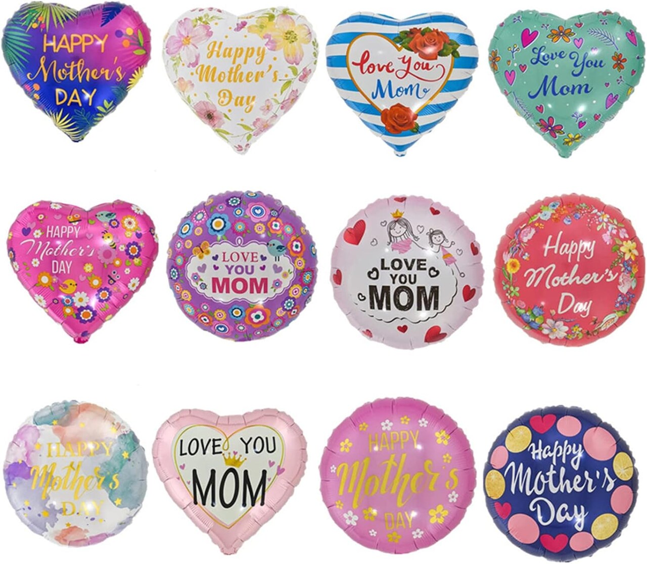 Happy Mother’s Day Balloons – 12PCS 18-Inch “Love You Mom” Foil Balloons Party Decorations